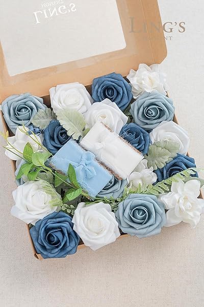 Ling's Moment Faux Flowers Box with Foam Roses and Silk Greenery for Wedding Decor Centerpieces in Dusty Blue Navy and White - Image 7