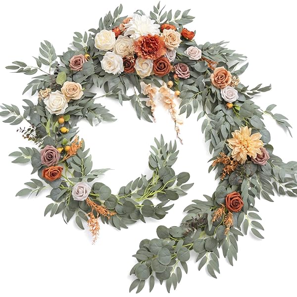 Ling's Moment 9FT Fall Flower Garland for Wedding Arch Decorations Eucalyptus Rose Artificial Floral Mantle Decor Terracotta