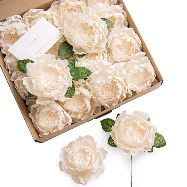 Ling's Moment 16pcs Cream Blooming Peonies Artificial Flowers for DIY Wedding Decorations Centerpieces Bouquets and Boutonnieres