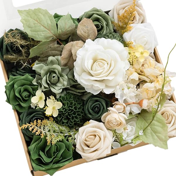 Ling's moment Fake Flowers Box, Faux Artificial Greenery Stems Foam Roses Dahlia Silk Ranunculus Fabic Flower for Centerpieces Bouquet Wedding Vase