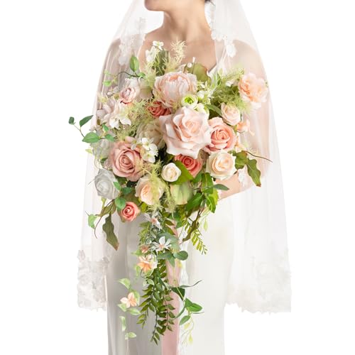 Ling's Moment Pink Bridal Bouquet Blush Garden Wedding Flowers 15 Inch Artificial Bride Bouquets for Elegant Weddings
