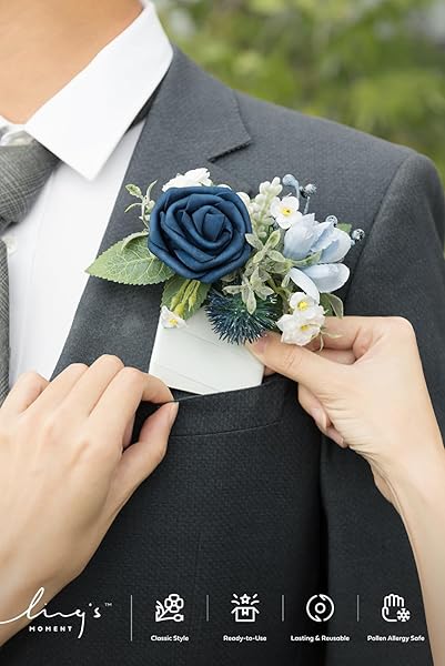 Ling's moment Pocket Boutonniere Single, Boutonniere for Men Groom for Wedding, Prom, Homecoming, Anniversary, Graduation, etc.Dusty Blue Navy, 6" W - Image 3
