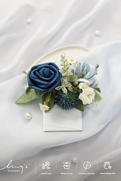 Ling's moment Pocket Boutonniere Single, Boutonniere for Men Groom for Wedding, Prom, Homecoming, Anniversary, Graduation, etc.Dusty Blue Navy, 6" W - Image 4
