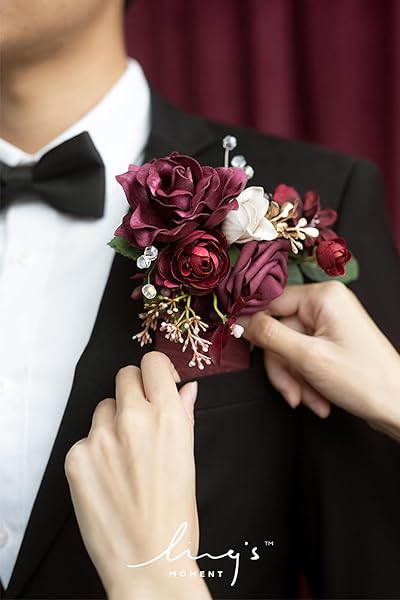 Ling's moment Pocket Boutonniere Single, Boutonniere for Men Groom for Wedding, Prom, Homecoming, Anniversary, Graduation, etc.Burgundy Marsala, 6" W - Image 4