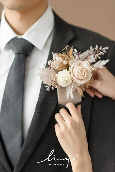 Ling's moment Pocket Boutonniere Single, Boutonniere for Men Groom for Wedding, Prom, Homecoming, Anniversary, Graduation, etc.White Beige, 6" W x 5" - Image 4