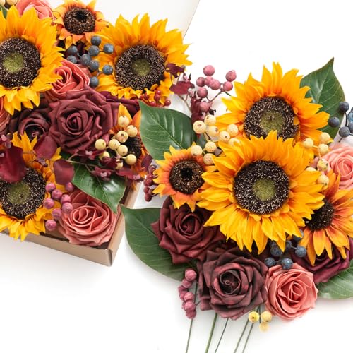 Ling's Moment Sunflower Burgundy Artificial Flowers Grand Box Set for DIY Wedding Bouquets Centerpieces and Floral Arrangements