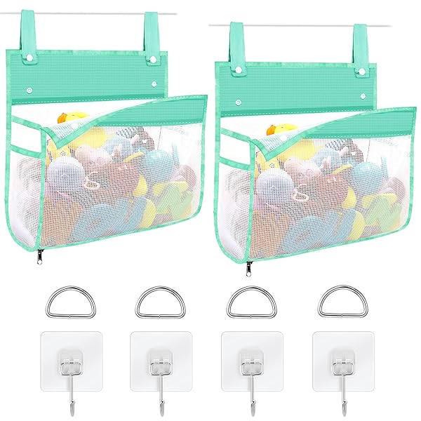 Linkidea 2 Pack Bathroom Mesh Storage Organizer, Hanging Bathtub Basket with Adhesive Hooks, Shower Caddy for Kid Bath Accessories, Bathroom (Green)