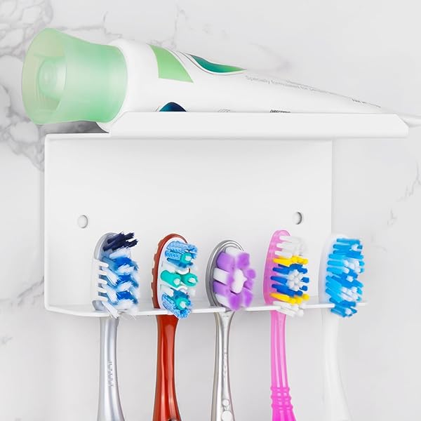 Linkidea Wall Mounted Toothbrush Holder for Shower, Aluminum Self-Adhesive 5 Slots Tooth Brush and Toothpaste Organizer Hanger Compatible with