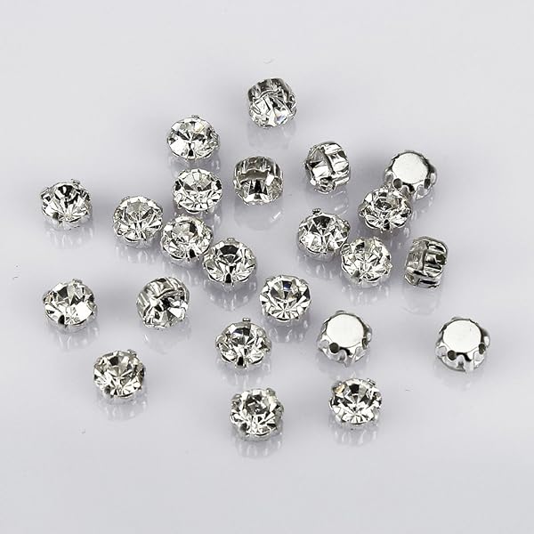 100 Pcs LolliBeads Crystal Sew-On Rhinestones - White 6mm Czech Glass with Silver Plated Prongs