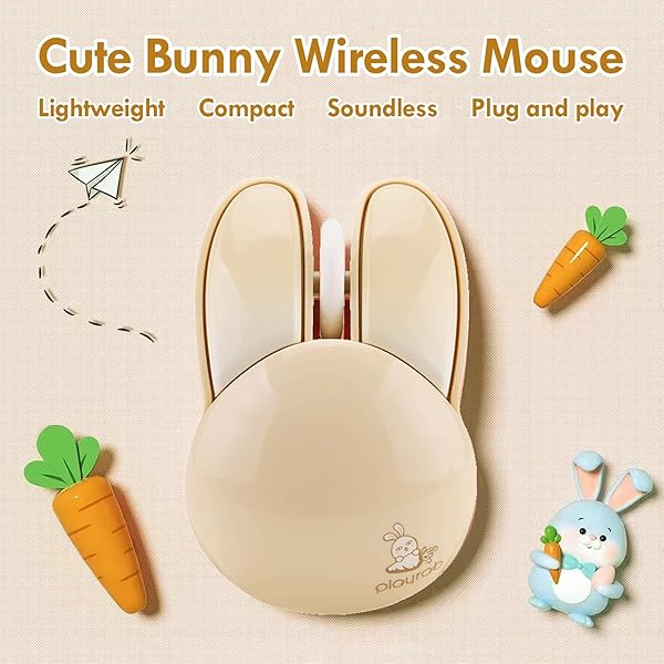 Lomiluskr Cute Bunny Wireless Mouse, Lightweight Soundless Mice, 2.4G Wireless Mice, Candy Colors, Kawaii Rabbit Mouse for Girls and Kids (Beige - Image 2