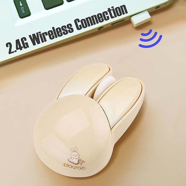 Lomiluskr Cute Bunny Wireless Mouse, Lightweight Soundless Mice, 2.4G Wireless Mice, Candy Colors, Kawaii Rabbit Mouse for Girls and Kids (Beige - Image 3