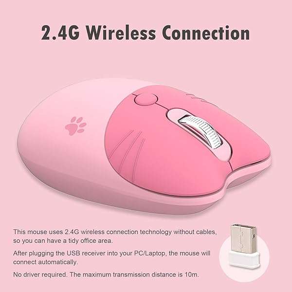 Lomiluskr Cute Cat Wireless Mouse - Lightweight, Soundless 2.4G Mice in Candy Colors for Girls & Kids (Pink) - Image 4