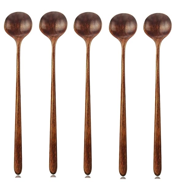 "5-Piece Korean Style Wooden Long Spoons - 10.9" Natural Soup & Cooking Utensils, FDA Approved"
