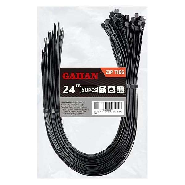 GAIIAN Heavy Duty 24-Inch Long Zip Ties - 200 lbs Tensile Strength, Black Cable Ties, 50 Pack by GAIIAN