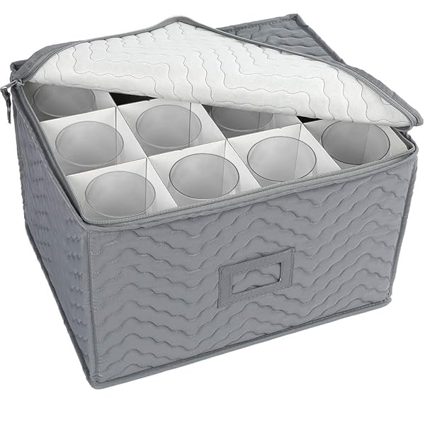 "LotFancy Stemware Storage Case: Deluxe Quilted Organizer for 12 Wine Glasses & Flutes - Gray, 15.5"x12.5"x10" - Protect Your Drinkware!"