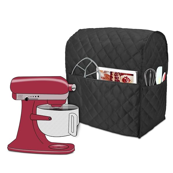 Luxja Dust Cover for 6-8 Quart Stand Mixer - Quilted Fabric with Pockets for Accessories, Black