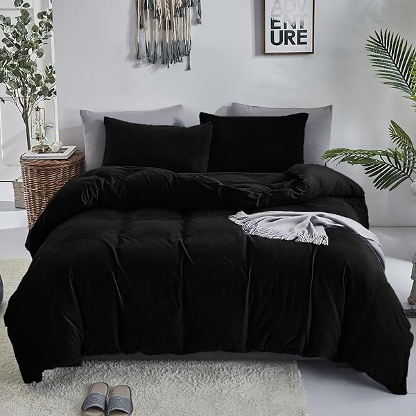 Luxlovery Black Velvet King Comforter Set Plush Fluffy Bedding Minimalist Dark Color Modern Winter Warm Flannel Quilt for King Bed - Image 2