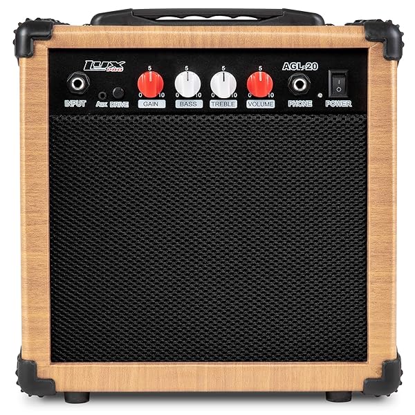 LyxPro LyxPro 20 Watt Electric Guitar Amp with Built In Speaker Headphone Jack Aux Input Gain Bass Treble Volume and Grind Natural