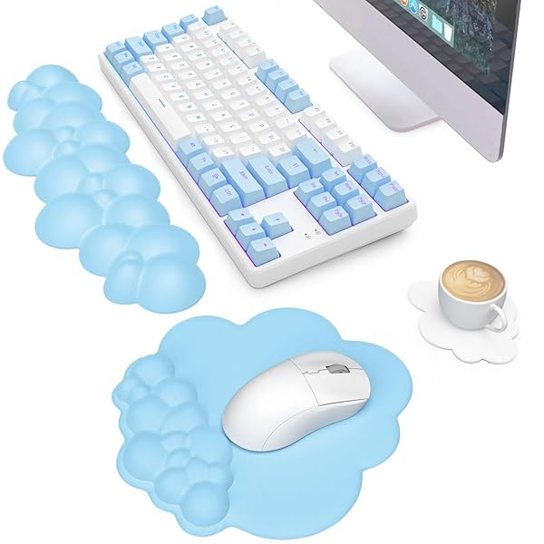 MANBASNAKE Cloud Mouse Pad Wrist Support Keyboard Wrist Rest Set with Ergonomic Memory Foam,Non-Slip Base,Cloud Coasters for