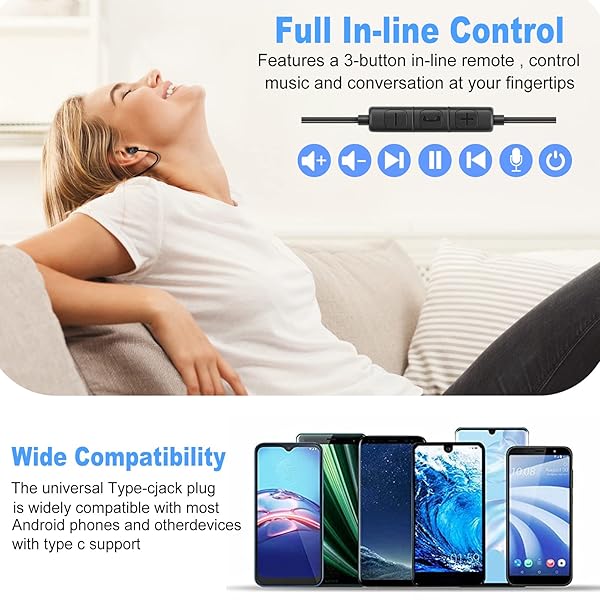 MAXROCK USB C Headphones for Samsung S22, Wired Type C Earphones with Microphone, Noise Isolation in-Ear Earbuds Headset for Galaxy S21 FE A53 Flip 4 - Image 4