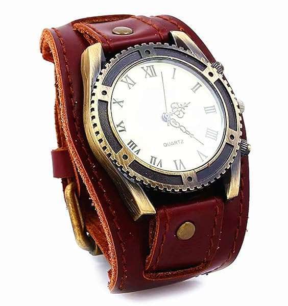 MINILUJIA Vintage Retro Punk Men's Wrist Watch - Big Face Bronze Dial & Wide Genuine Leather Cuff Band - Image 2