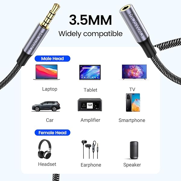 MOSWAG 3.28FT 3.5mm Male to Female Stereo Audio Extension Cable Nylon Braided for Home Car Smartphones Headphones Tablets Media Players - Image 2