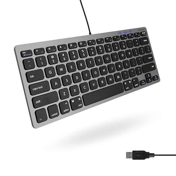Macally Mini USB Wired Keyboard for Mac & Windows - 78 Scissor Keys, 13 Shortcuts, Space-Saving Design in Space Grey