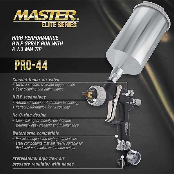 Master Elite PRO-44 HVLP Spray Gun 1.3mm Tip - Perfect for Automotive Basecoats & Clearcoats - Image 3