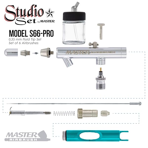 Master Performance S66-PRO Dual Action Airbrush Set with 0.35 mm Tips and Storage Case for Precision Painting and Art Projects - Image 3