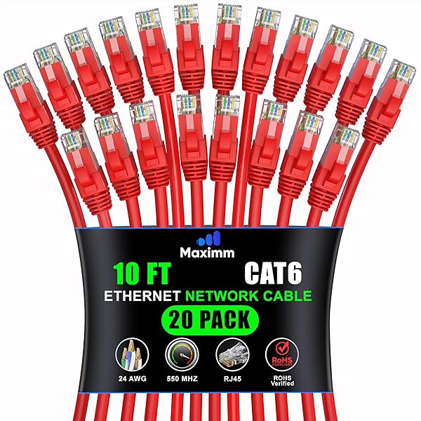 Maximm Cat 6 Ethernet Cable 10 ft (20-Pack) - High-Speed LAN Cable, Internet Cable, Patch Cable, and Network Cable - UTP, 10Gbps, 550MHz Ethernet Cord - Red