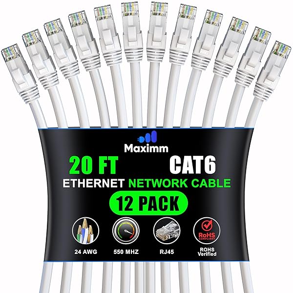Maximm Cat 6 Ethernet Cable 20 ft (12-Pack) - High-Speed LAN Cable, Internet Cable, Patch Cable, and Network Cable - UTP, 10Gbps, 550MHz Ethernet Cord - White