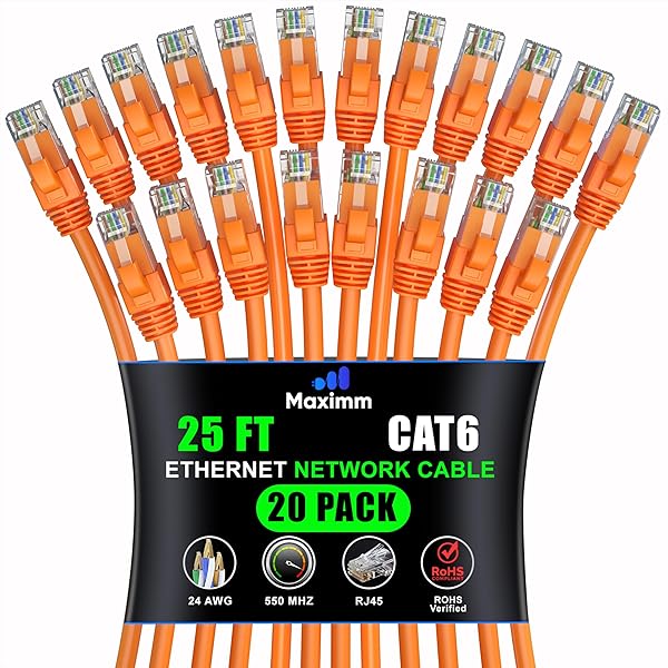 Maximm Cat 6 Ethernet Cable 25 ft (20-Pack) - High-Speed 10Gbps LAN & Network Cables - UTP, 550MHz, Orange