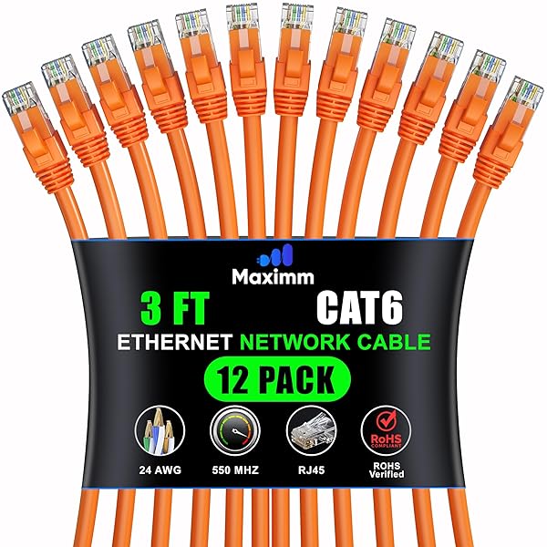 Maximm Cat 6 Ethernet Cable 3 ft (12-Pack) - High-Speed LAN Cable, Internet Cable, Patch Cable, and Network Cable - UTP, 10Gbps, 550MHz Ethernet Cord - Orange