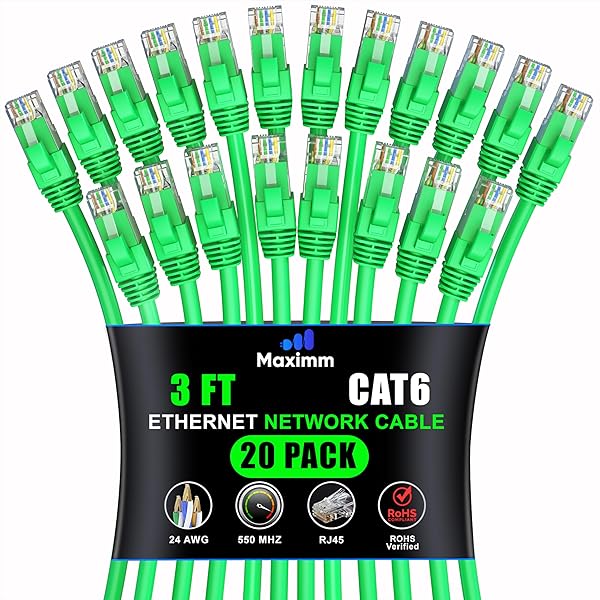 Maximm Cat 6 Ethernet Cable 3ft (20-Pack) - High-Speed 10Gbps LAN & Network Cables - UTP, 550MHz, Green