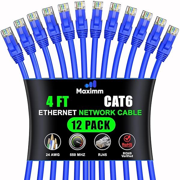 Maximm Cat 6 Ethernet Cable 4ft (12-Pack) - High-Speed 10Gbps LAN & Network Cable - UTP, 550MHz, Blue