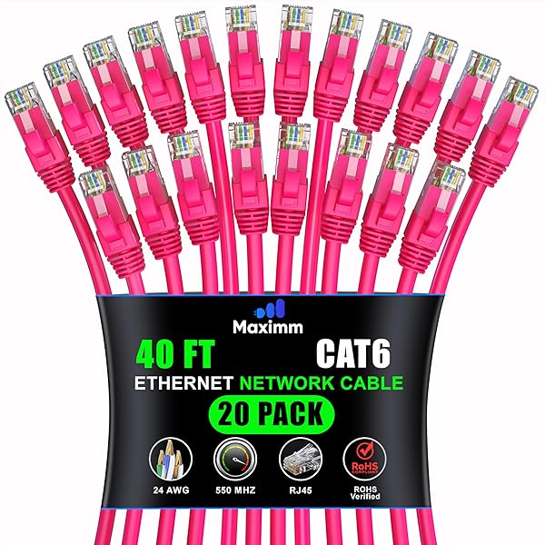 Maximm Cat 6 Ethernet Cable 40 ft (20-Pack) - High-Speed LAN Cable, Internet Cable, Patch Cable, and Network Cable - UTP, 10Gbps, 550MHz Ethernet Cord - Pink
