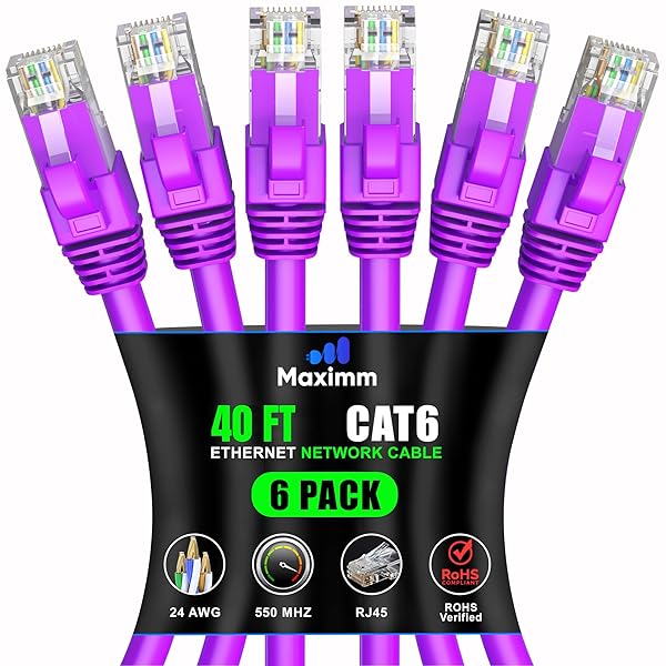 Maximm Cat 6 Ethernet Cable 40 ft (6-Pack) - High-Speed 10Gbps Network Cable, UTP, 550MHz - Purple Patch Cord for Fast Internet