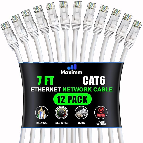Maximm Cat 6 Ethernet Cable 7ft (12-Pack) - High-Speed 10Gbps LAN & Network Cables - UTP, 550MHz, White