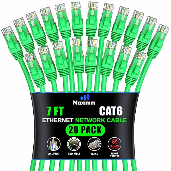 Maximm Cat 6 Ethernet Cable 7ft (20-Pack) - High-Speed 10Gbps LAN & Network Cables - UTP, 550MHz, Green