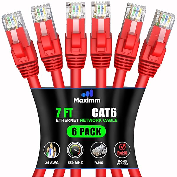 Maximm Cat 6 Ethernet Cable 7ft (6-Pack) - High-Speed 10Gbps LAN & Network Cables - Red UTP Patch Cord