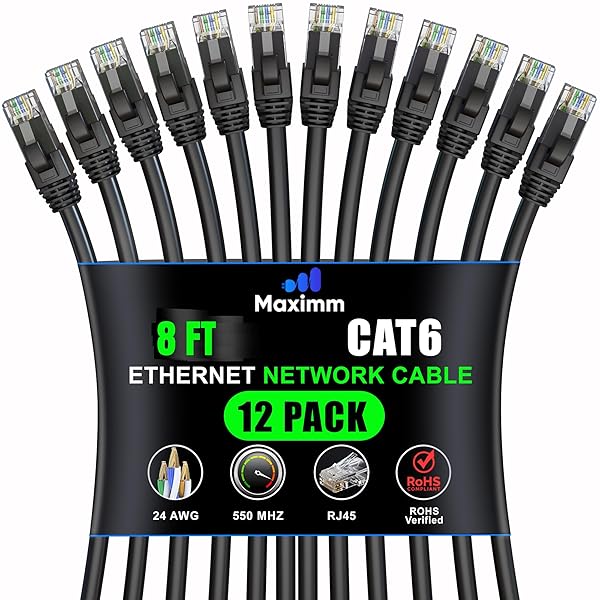 Maximm Cat 6 Ethernet Cable 8ft (12-Pack) - High-Speed 10Gbps LAN Network Cable - UTP, 550MHz, Black