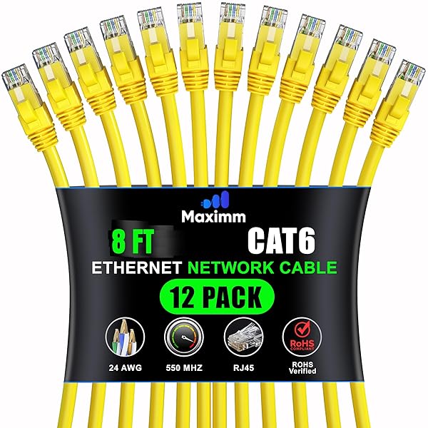 Maximm Cat 6 Ethernet Cable 8 ft (12-Pack) - High-Speed LAN Cable, Internet Cable, Patch Cable, and Network Cable - UTP, 10Gbps, 550MHz Ethernet Cord - Yellow
