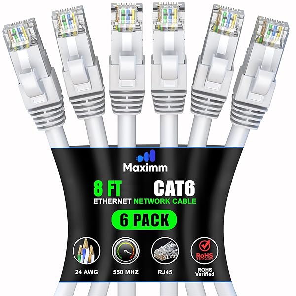 Maximm Cat 6 Ethernet Cable 8ft (6-Pack) - High-Speed 10Gbps LAN & Network Cables - UTP, 550MHz, White