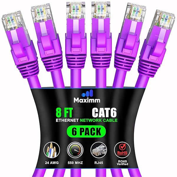 Maximm Cat 6 Ethernet Cable 8ft (6-Pack) - High-Speed 10Gbps LAN & Network Cable - Purple UTP, 550MHz Patch Cord