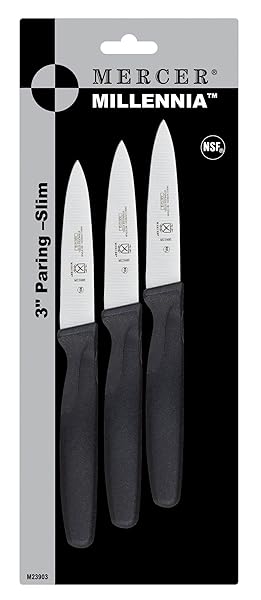 Mercer Culinary M23903 Millennia 3-Pack Slim Paring Knives - 3-Inch Black Handle Kitchen Essential