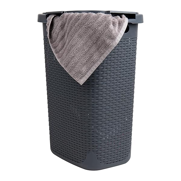"Mind Reader 60L Slim Laundry Hamper - Stylish Wicker Design, Lid, Gray Plastic Basket (17.65"L x 13.75"W x 24.15"H)"