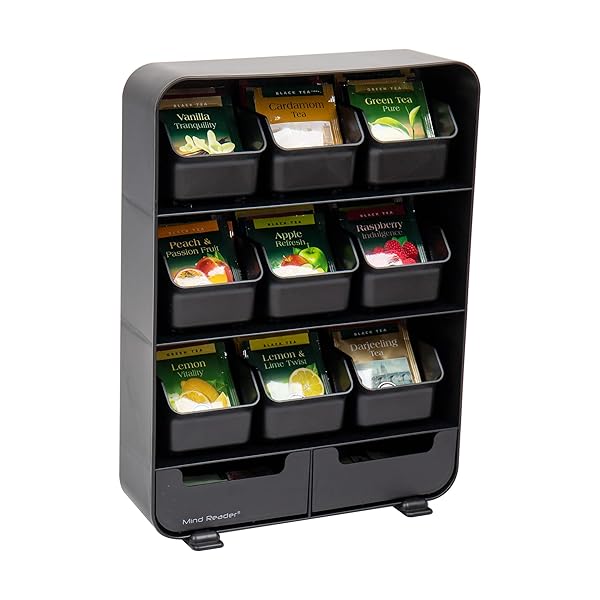"Mind Reader Tea Bag Organizer - Stylish Kitchen Countertop Storage, Black Plastic, 10.25"L x 3.25"W x 13.75"H"