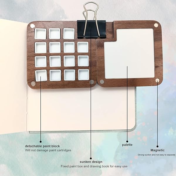 Mini Watercolor Palette,Travel Watercolor with Lid,Wooden Colour Palette Box for Painting Gift for Painters 15 Grids Box - Gift a Clip,Pocket - Image 4