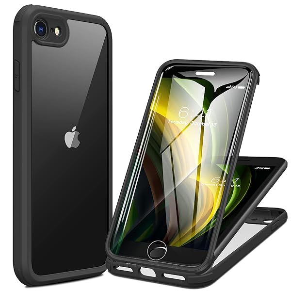 Miracase iPhone SE Case 2020 2022 iPhone 8 Full Body Glass Back with Built in Screen Protector Rugged Clear Hard Cover Bumper Black