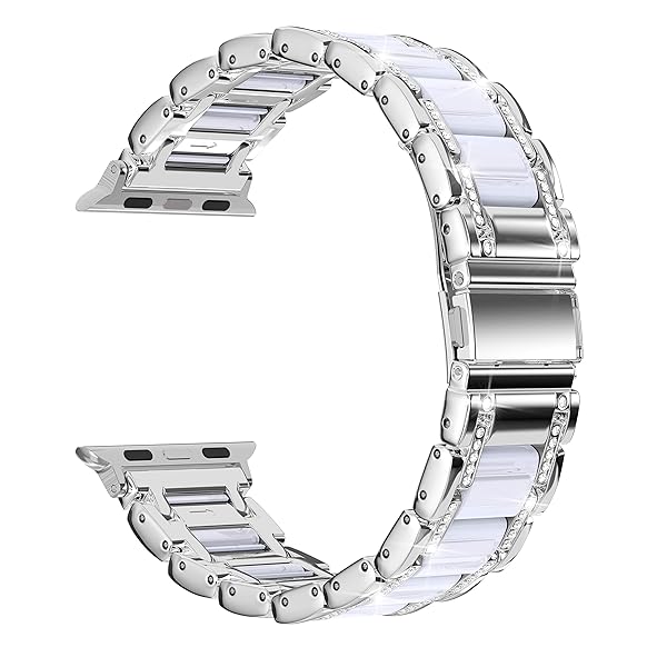 Moolia Metal Band for Apple Watch 42-49mm Women Rhinestones Resin Bling Diamond Bracelet Compatible with iWatch Series 10 to 1 SE Ultra Silver White